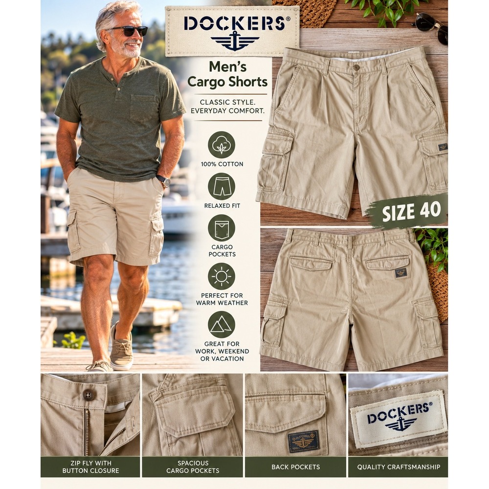 Dockers Mens Cargo Shorts Size 40 Khaki Beige Relaxed Fit Flat Front 100% Cotton